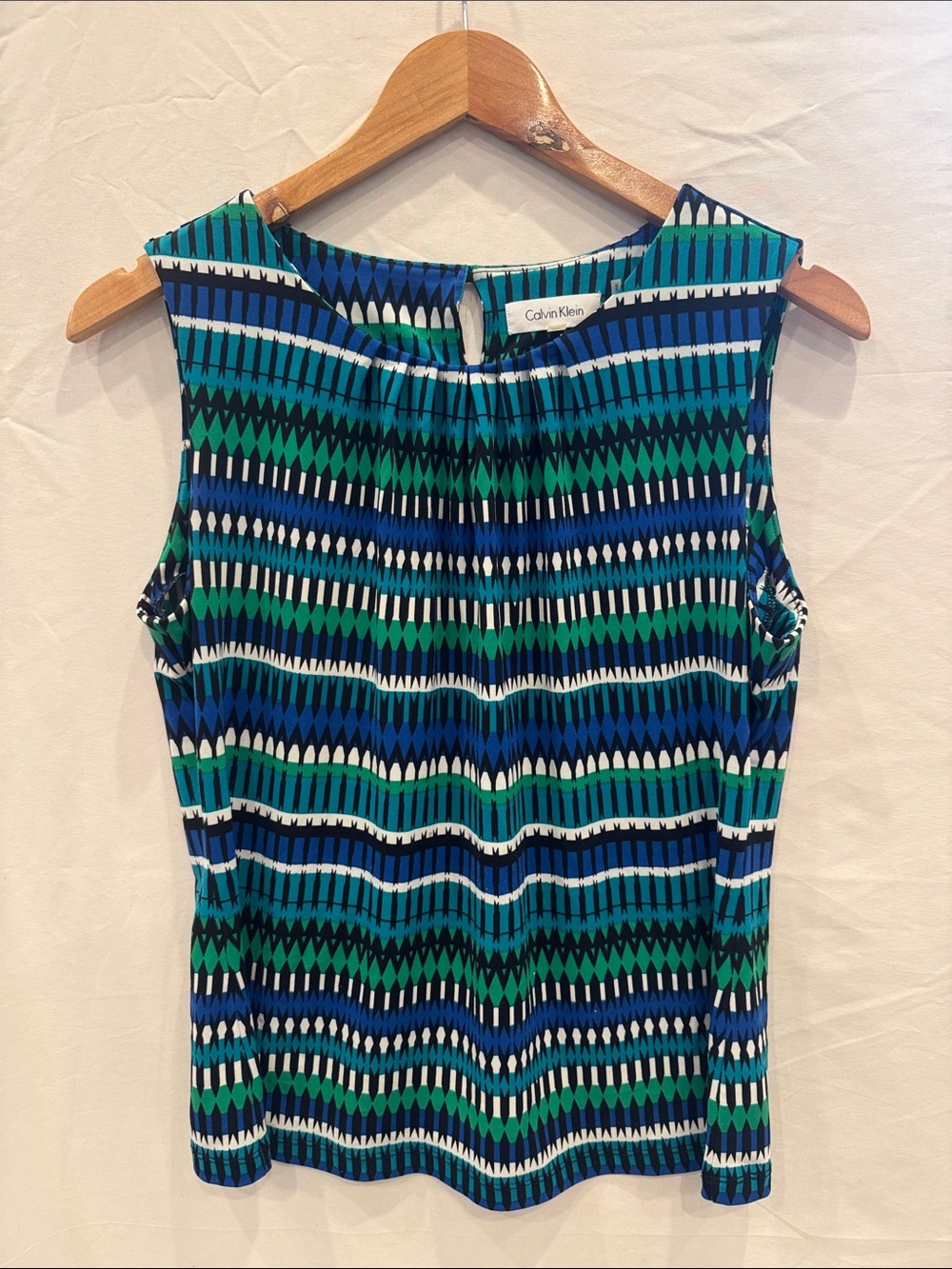 Calvin Klein Blue & Green Printed Sleeveless Top, Size Large Petite